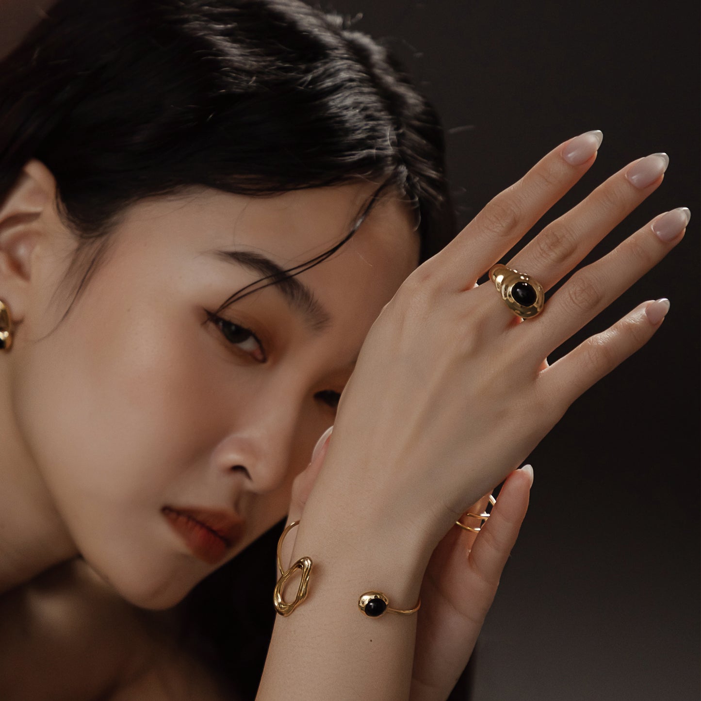 太陽閃焰 太陽黑子黑瑪瑙戒指/耳夾-厚鍍18K金