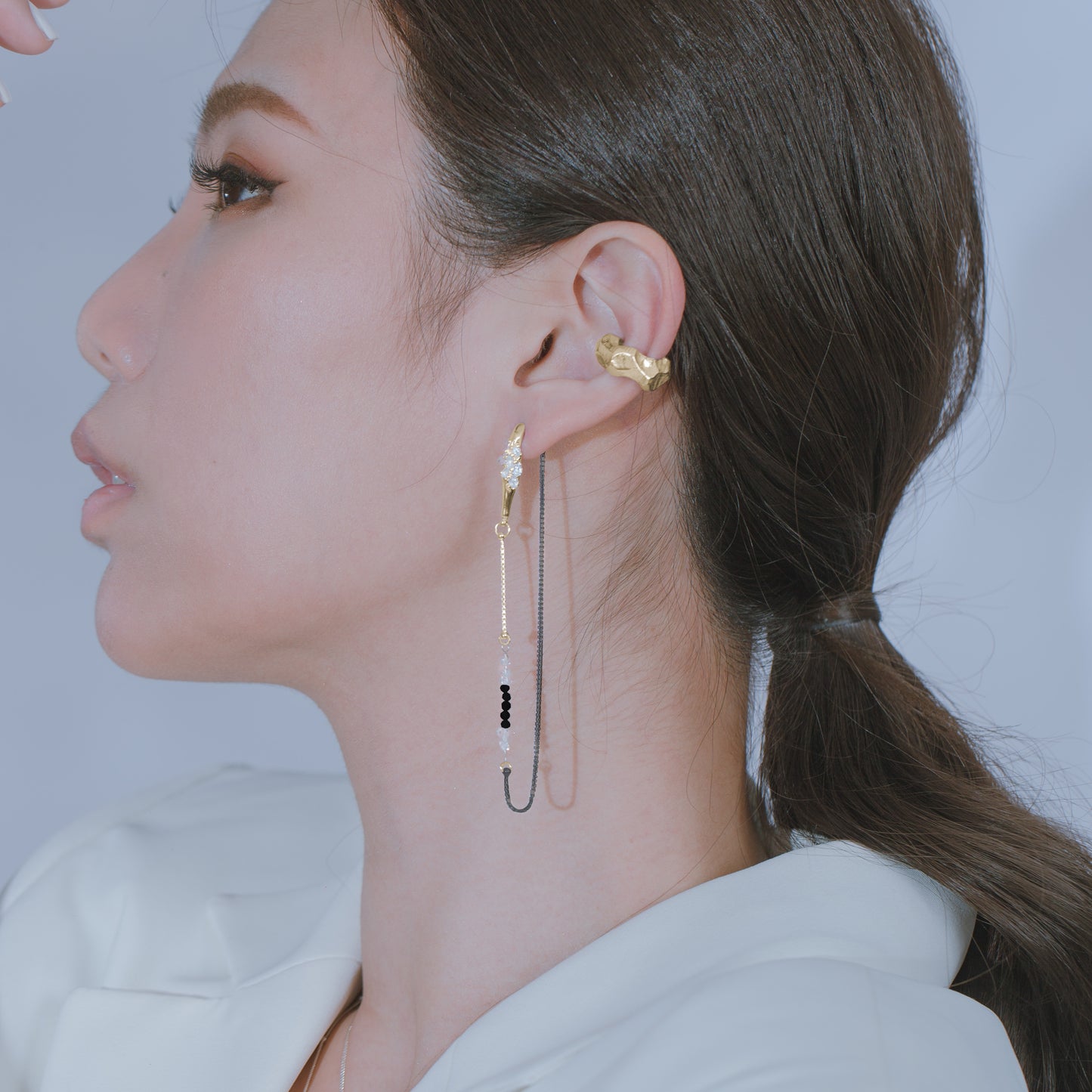 Space Ice - Herkimer Diamond Chain Earrings (Black & 18K Gold Plated)