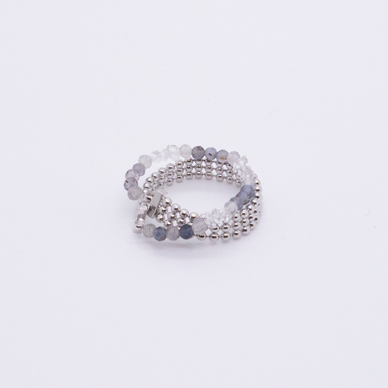 Space Ice - Magenta Mist - Herkimer Diamond & Iolite Beaded Double Hoop Chain Ring (White Gold Plated)