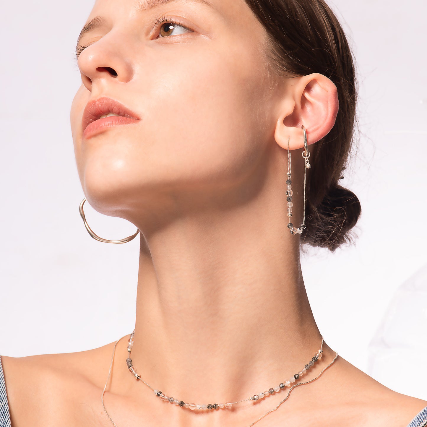 Bubble Nebula - Hoop Ear Cuff + Beading Threader Earring (Silver)