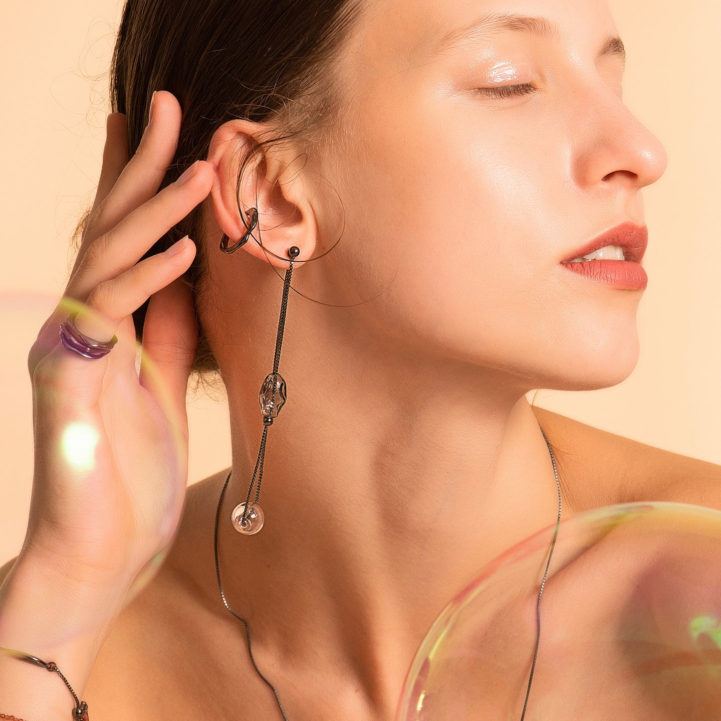 Bubble Nebula - Floating Bubbles Drop Single Earring (Black)