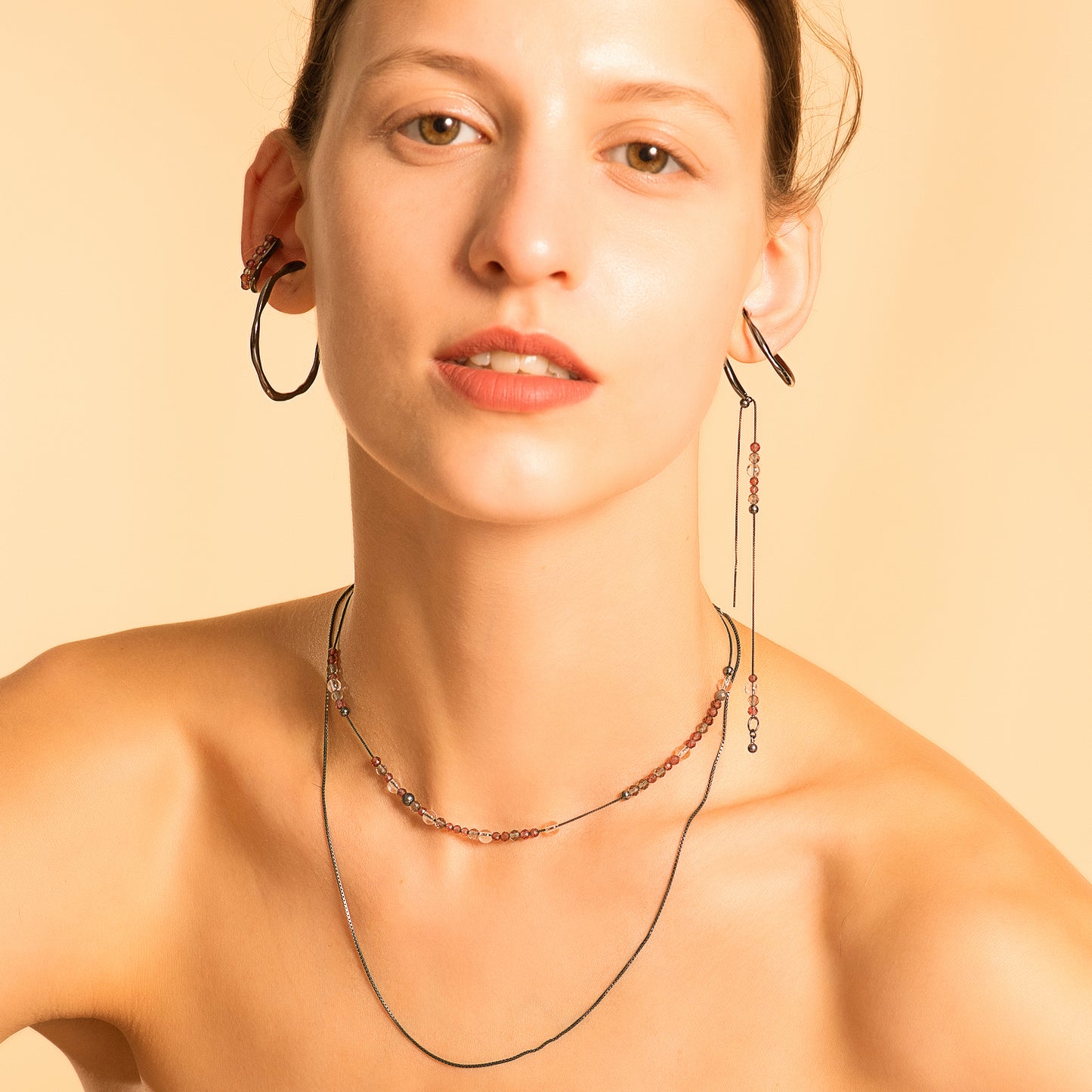 Bubble Nebula - Double Hoop Ear Cuff + Beading Threader Earring (Black)