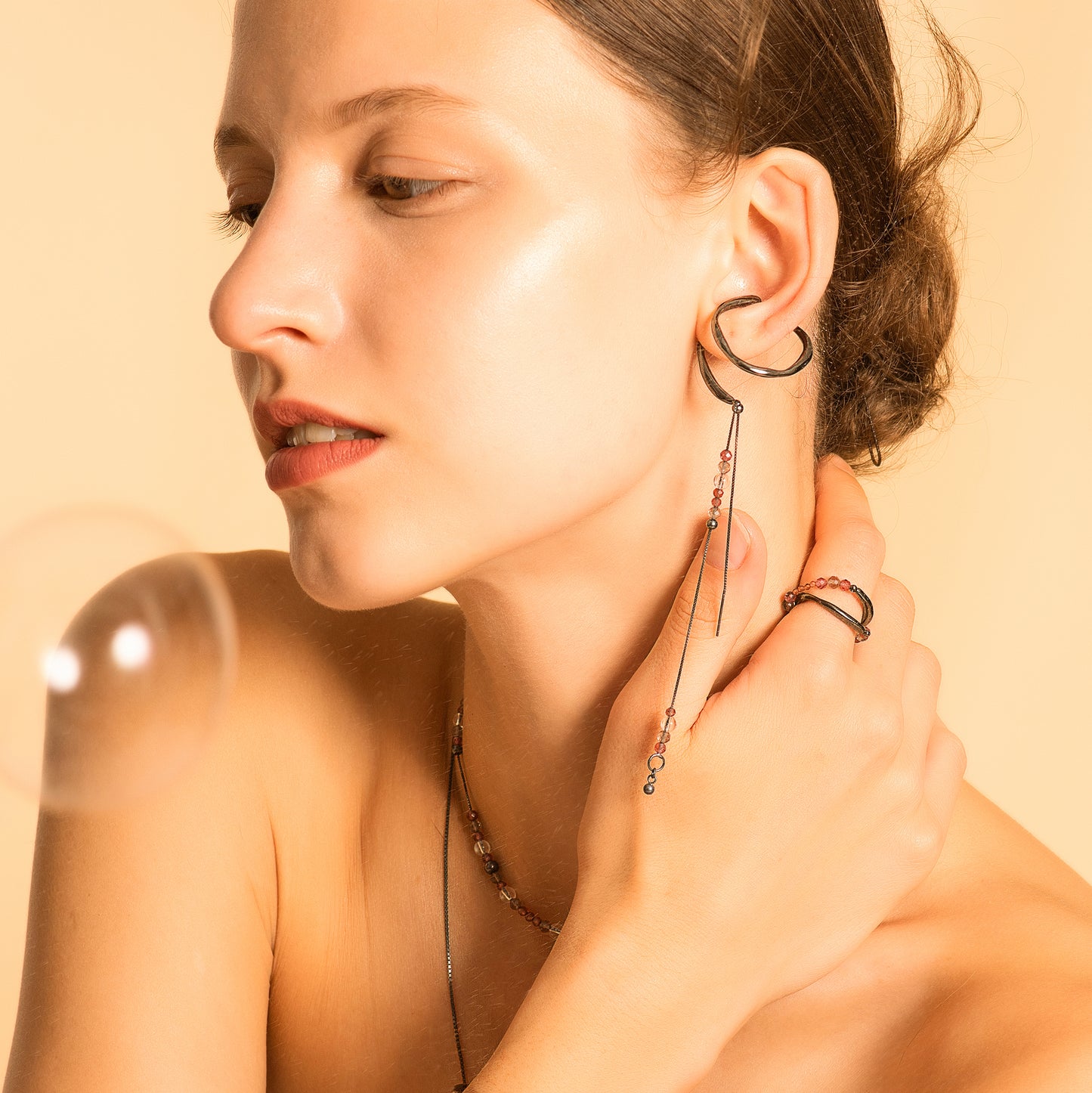 Bubble Nebula - Double Hoop Ear Cuff + Beading Threader Earring (Black)