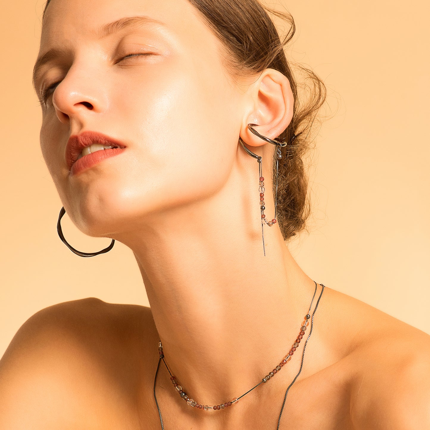 Bubble Nebula - Double Hoop Ear Cuff + Beading Threader Earring (Black)