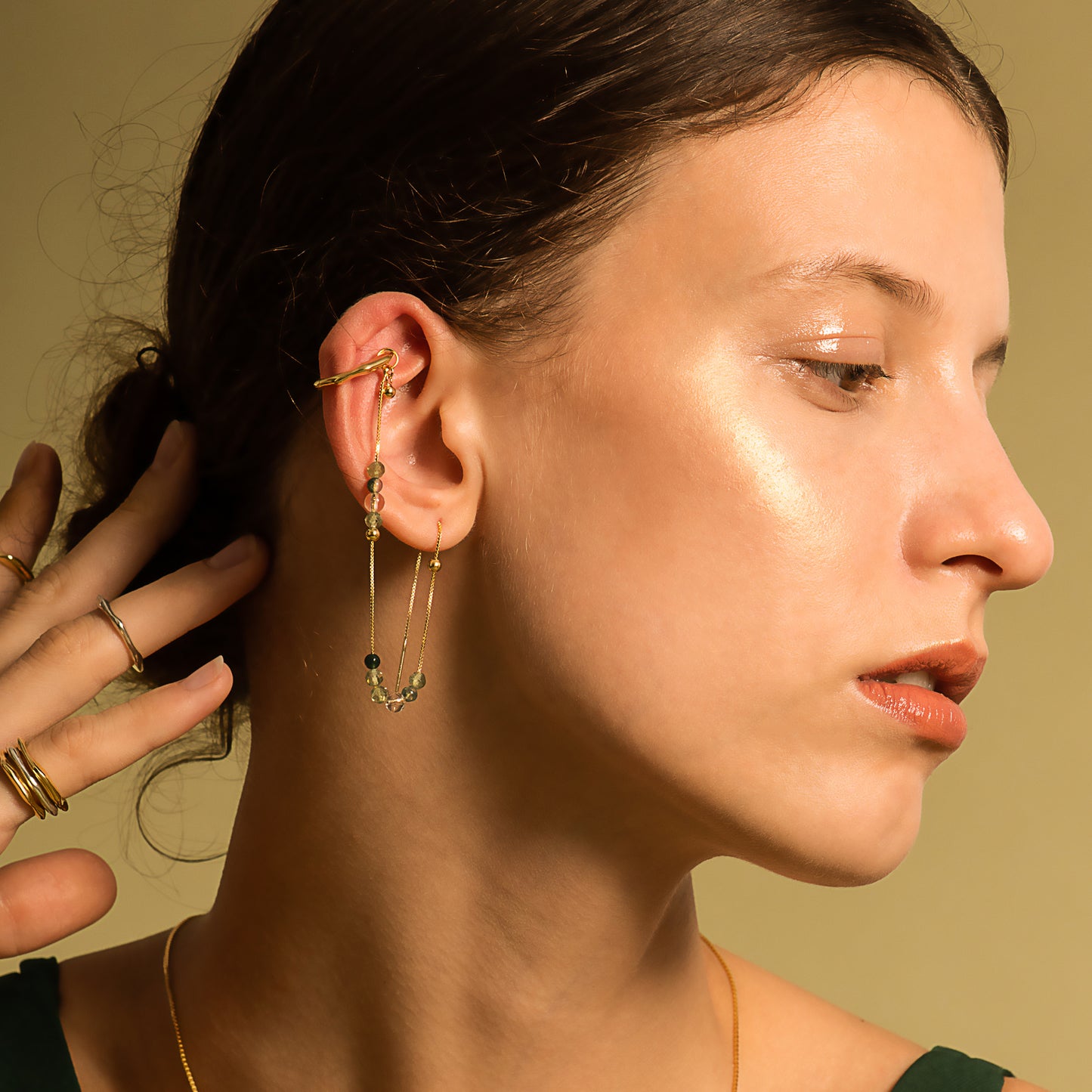Bubble Nebula - Hoop Ear Cuff + Beading Threader Earring (Gold Plated)