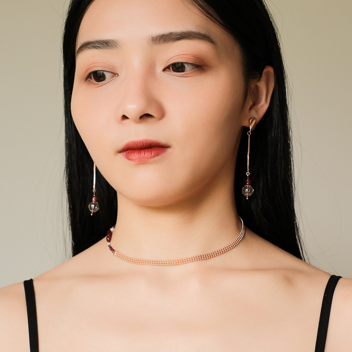 Space Ice - Magenta Mist - Glass Bubble Herkimer Diamond Chain Earrings (Rose Gold Plated)