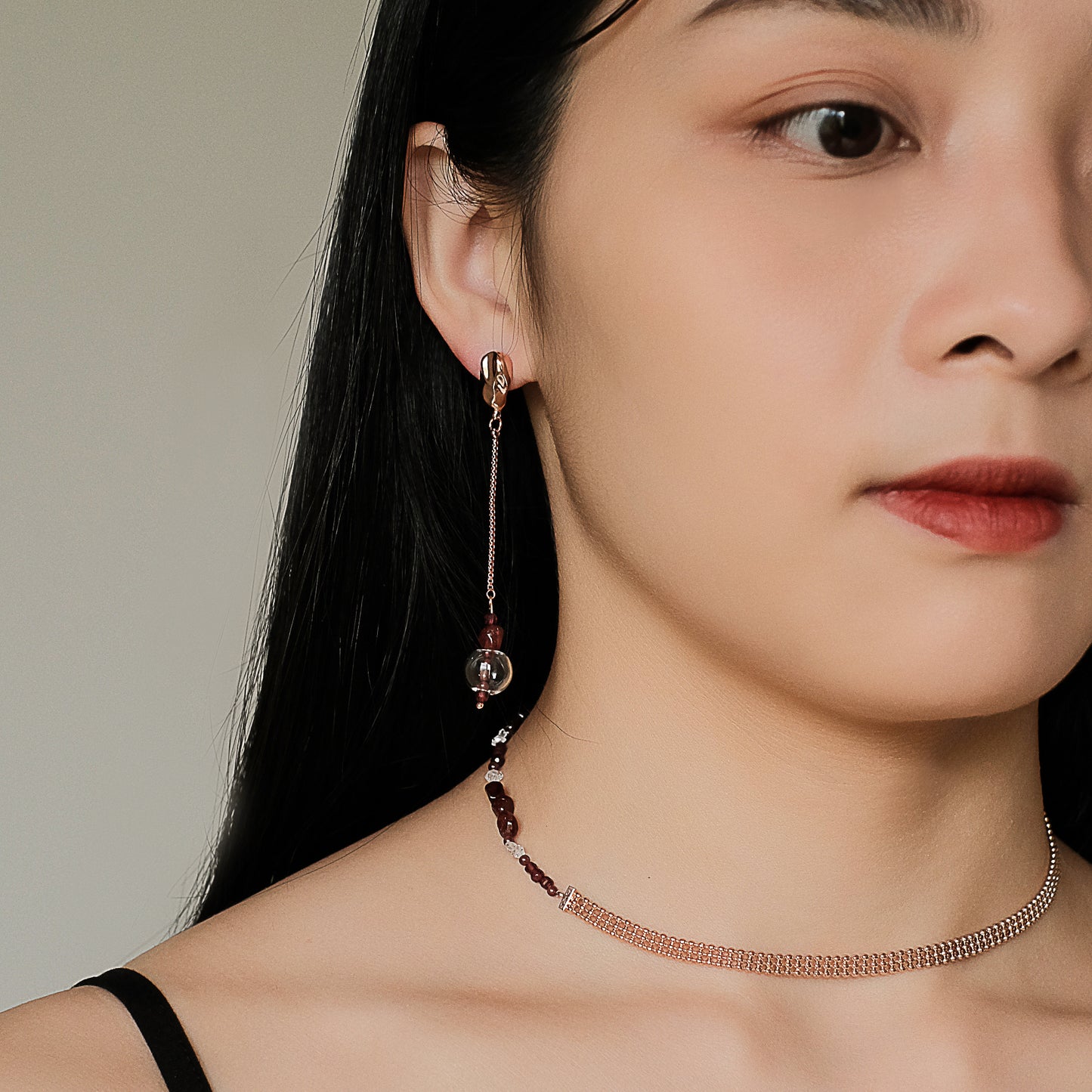 Space Ice - Magenta Mist - Glass Bubble Herkimer Diamond Chain Earrings (Rose Gold Plated)