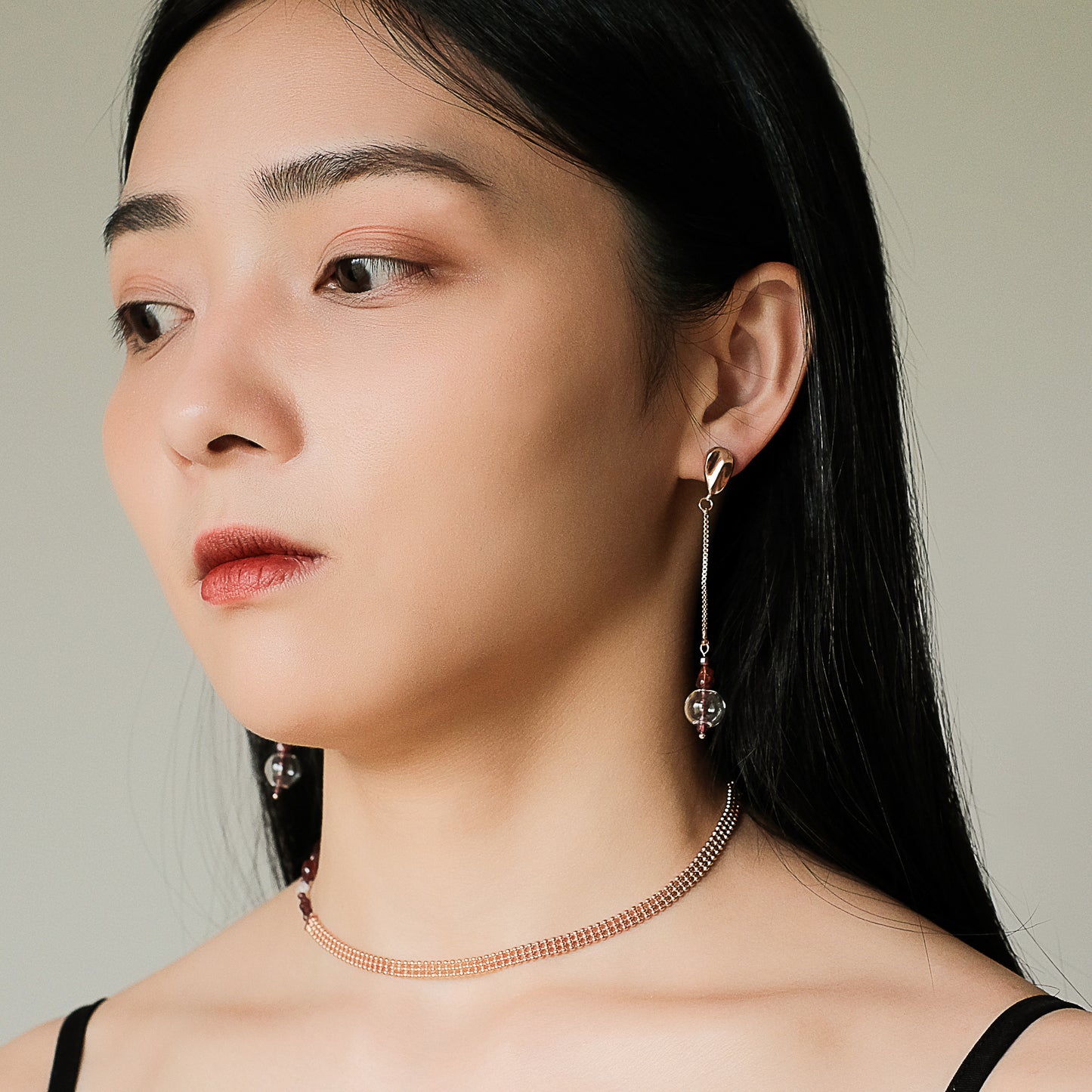 Space Ice - Magenta Mist - Glass Bubble Herkimer Diamond Chain Earrings (Rose Gold Plated)
