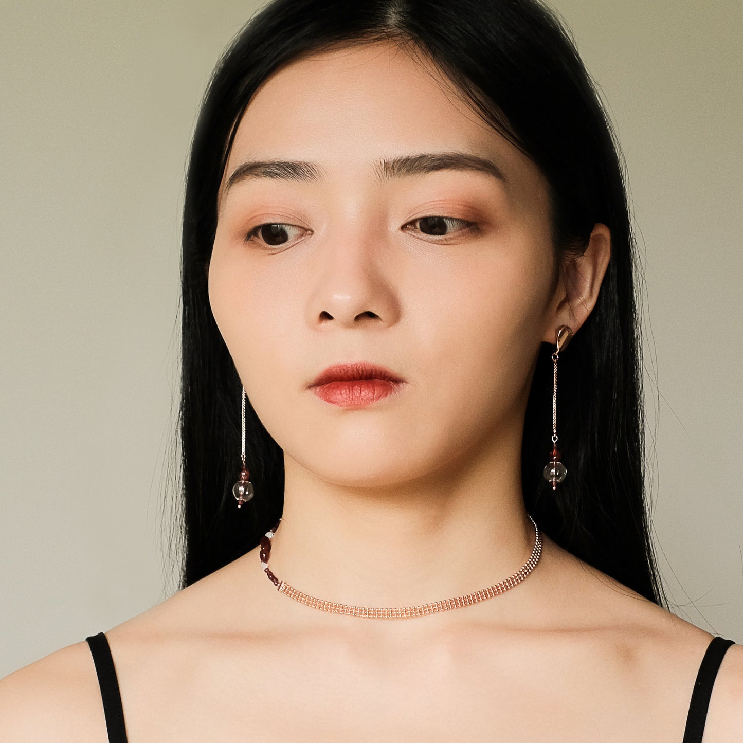 Space Ice - Magenta Mist - Glass Bubble Herkimer Diamond Chain Earrings (Rose Gold Plated)