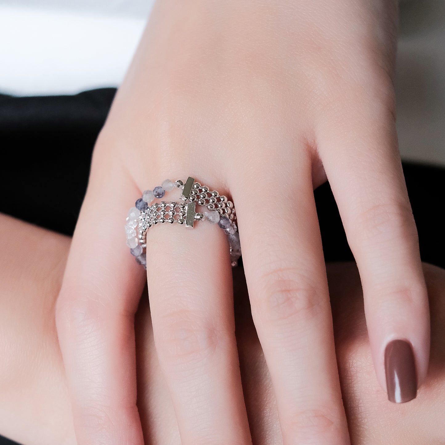 Space Ice - Magenta Mist - Herkimer Diamond & Iolite Beaded Double Hoop Chain Ring (White Gold Plated)