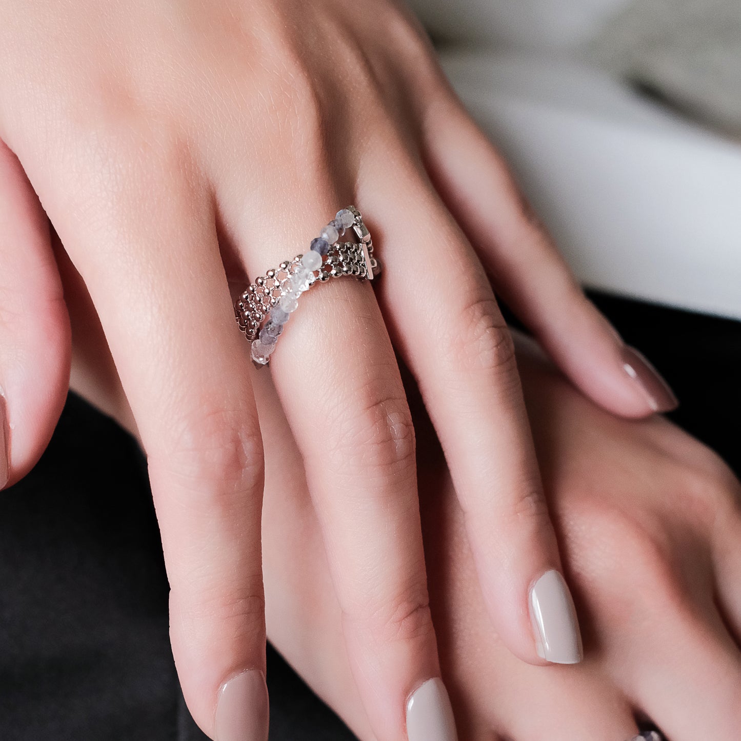 Space Ice - Magenta Mist - Herkimer Diamond & Iolite Beaded Double Hoop Chain Ring (White Gold Plated)