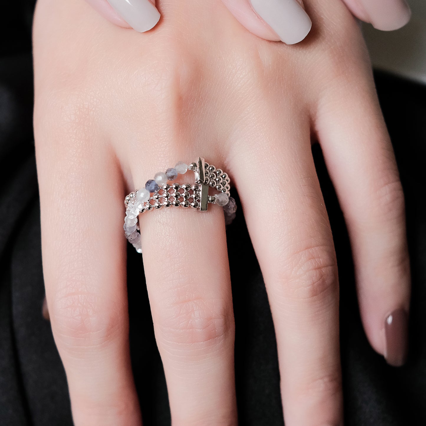 Space Ice - Magenta Mist - Herkimer Diamond & Iolite Beaded Double Hoop Chain Ring (White Gold Plated)