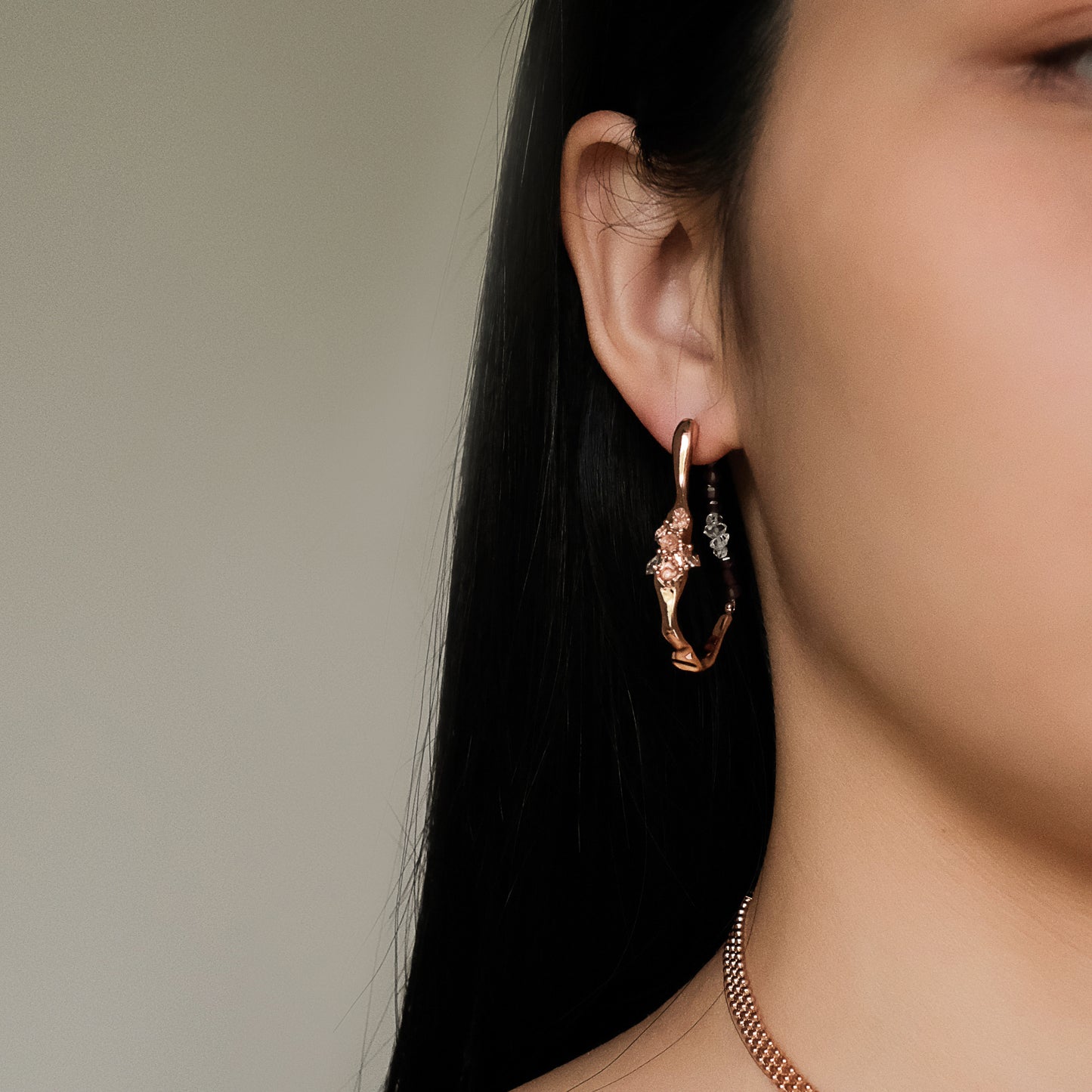Space Ice - Magenta Mist - Herkimer Diamond Hoop Earrings (Rose Gold Plated)