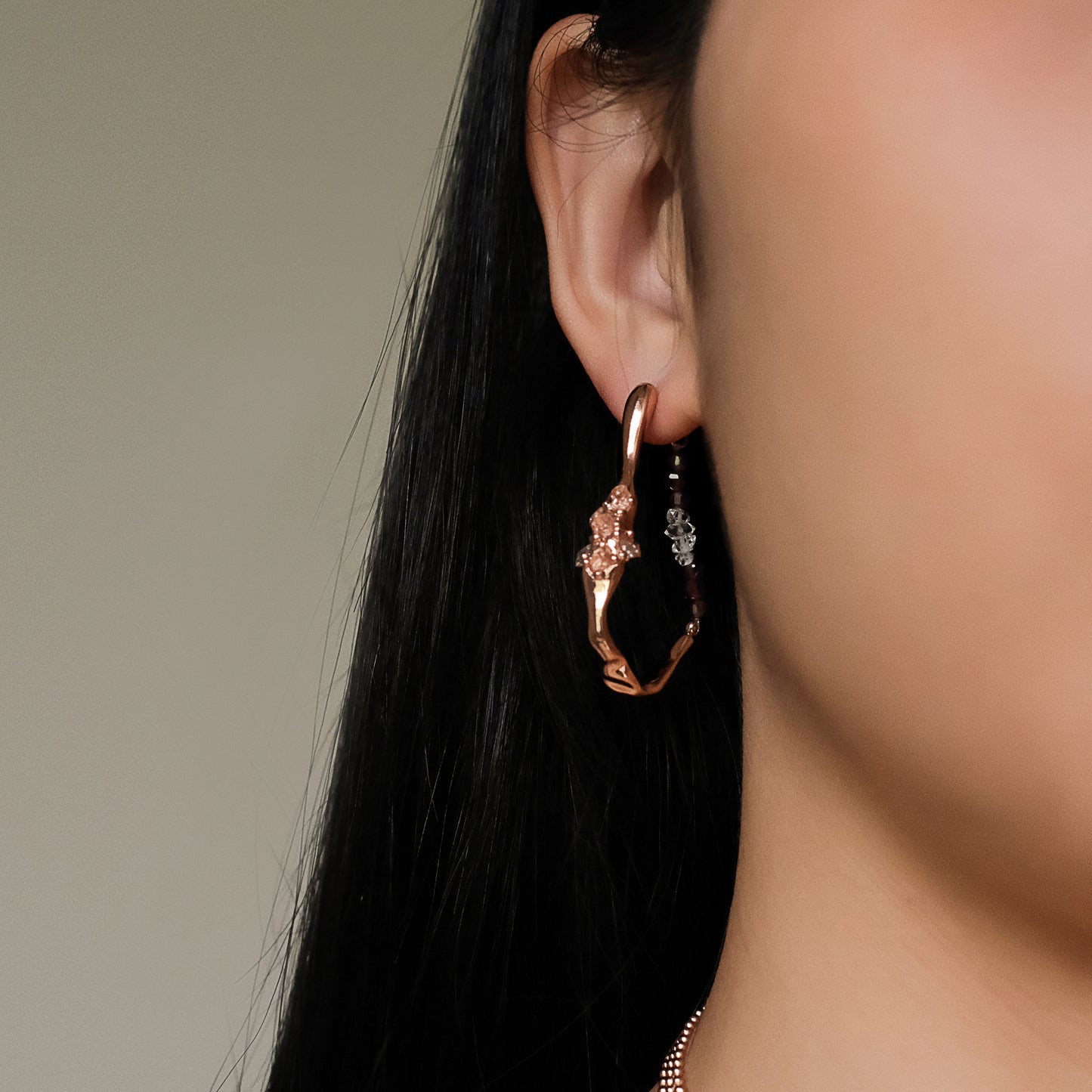 Space Ice - Magenta Mist - Herkimer Diamond Hoop Earrings (Rose Gold Plated)