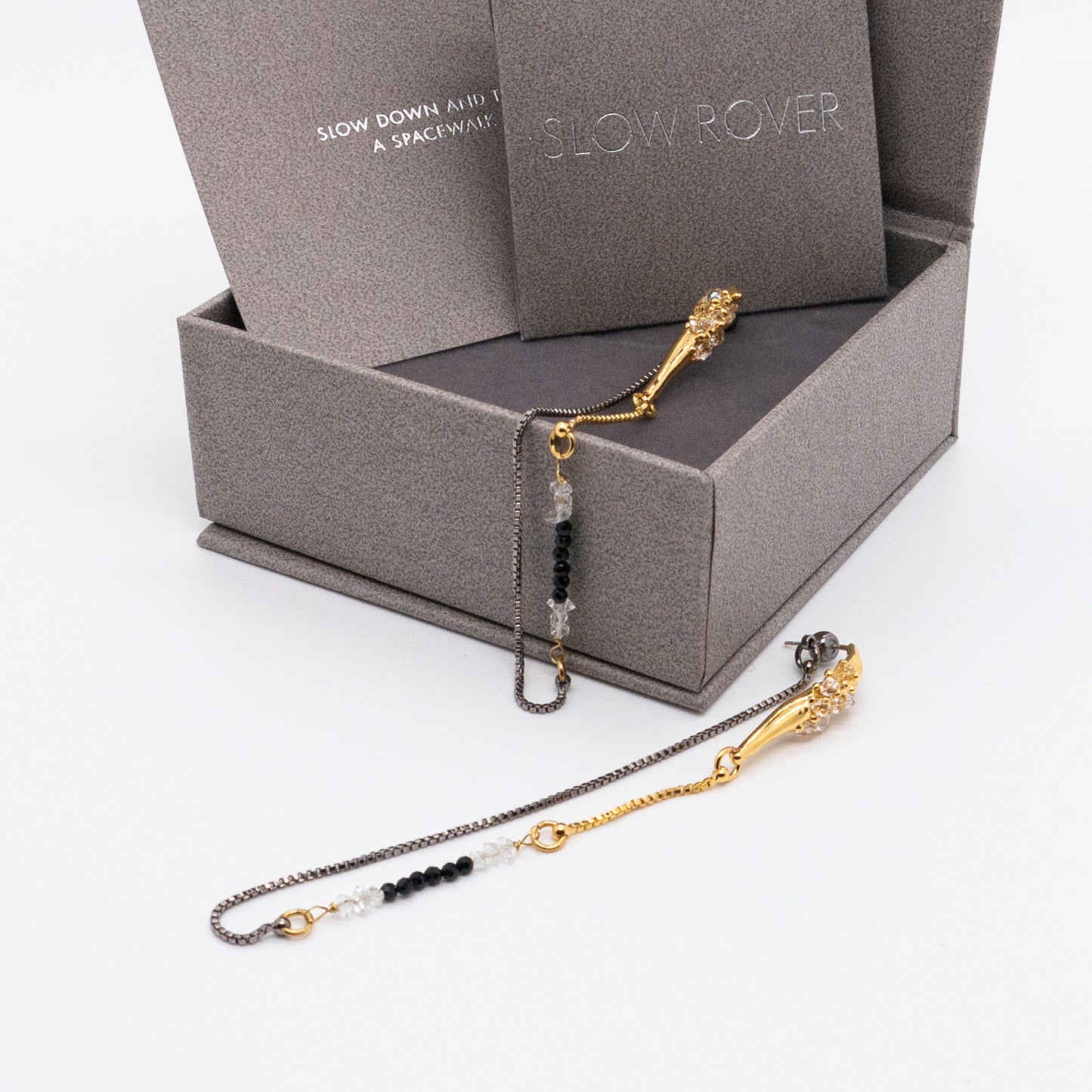Space Ice - Herkimer Diamond Chain Earrings (Black & 18K Gold Plated)