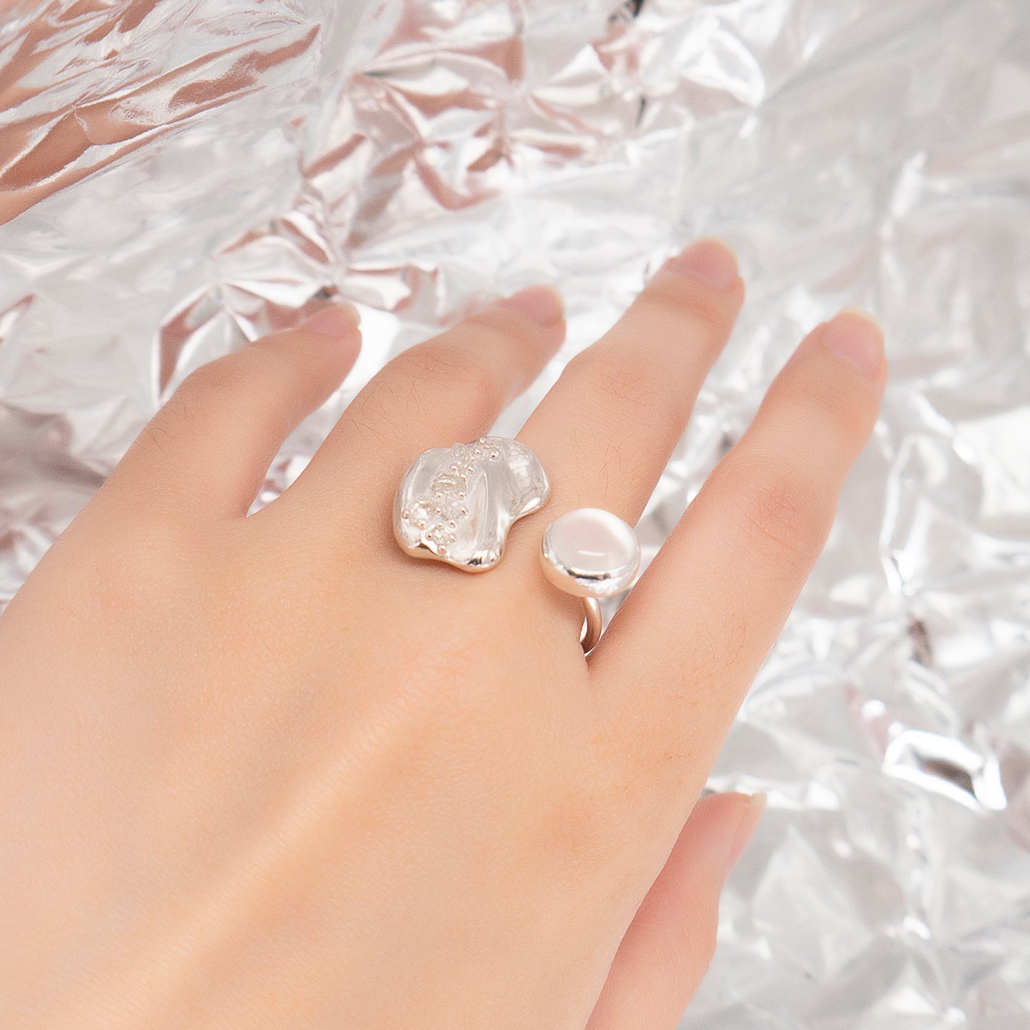 Space Ice - Moonstone Herkimer Diamond Open Ring (Silver)