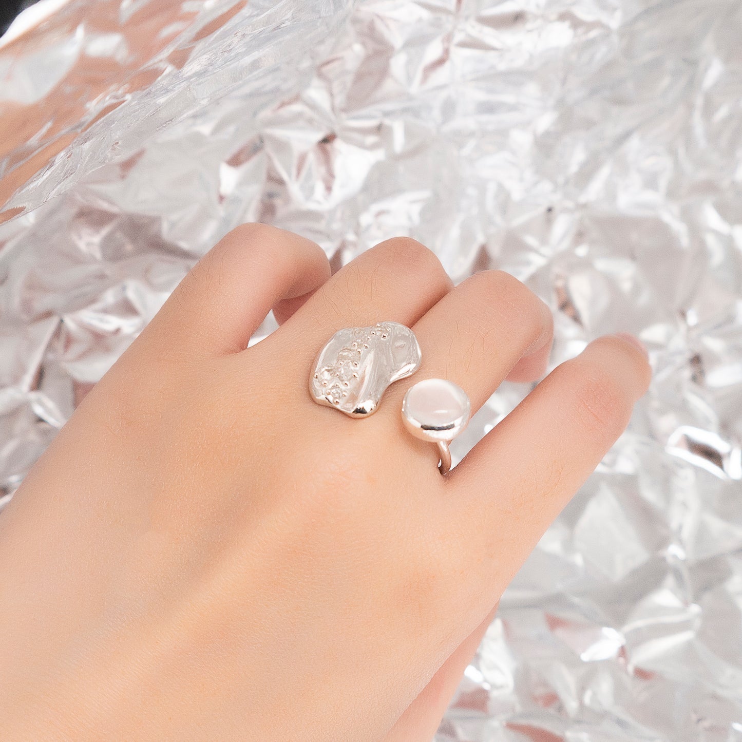Space Ice - Moonstone Herkimer Diamond Open Ring (Silver)