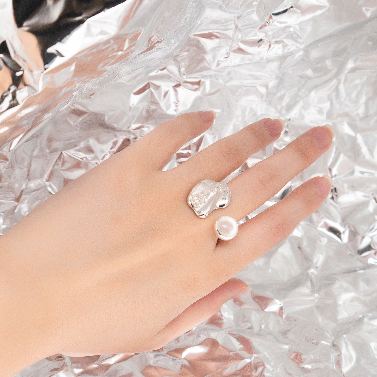 Space Ice - Moonstone Herkimer Diamond Open Ring (Silver)
