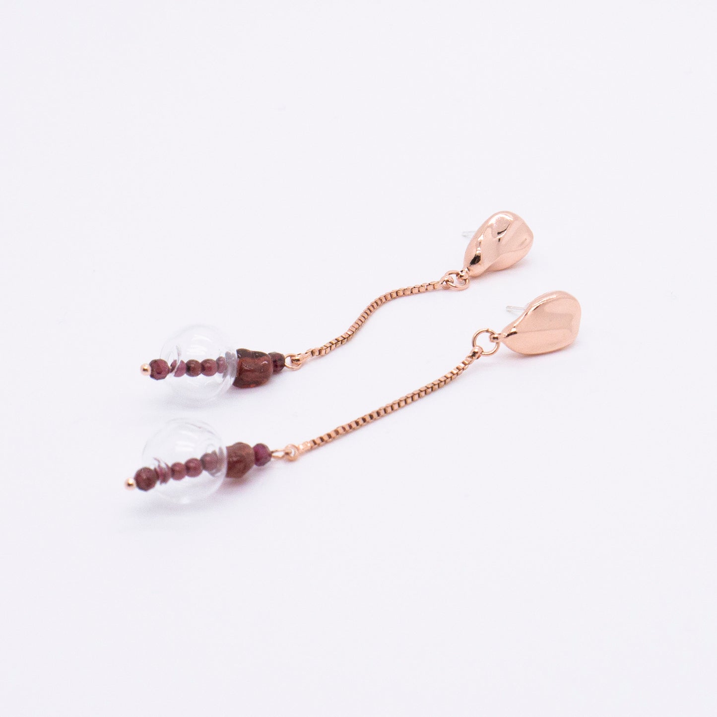 Space Ice - Magenta Mist - Glass Bubble Herkimer Diamond Chain Earrings (Rose Gold Plated)