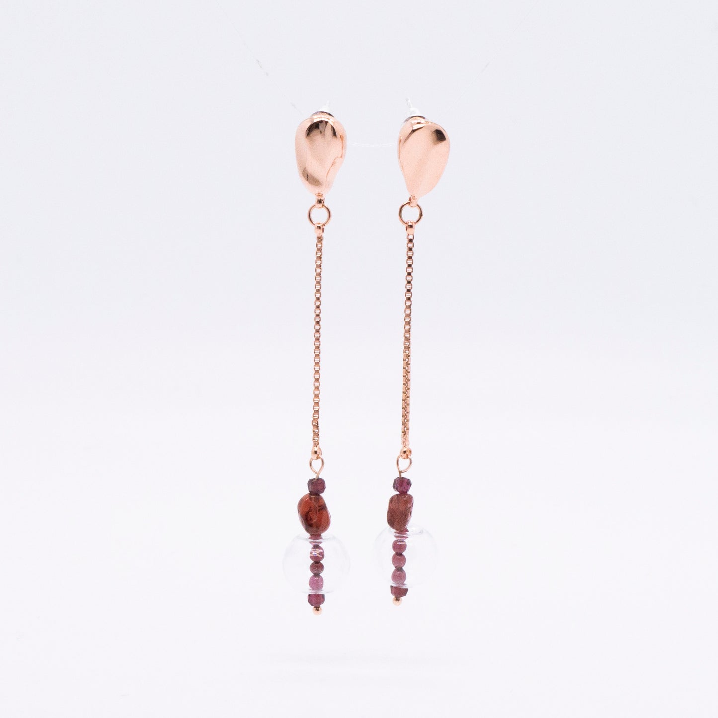 Space Ice - Magenta Mist - Glass Bubble Herkimer Diamond Chain Earrings (Rose Gold Plated)