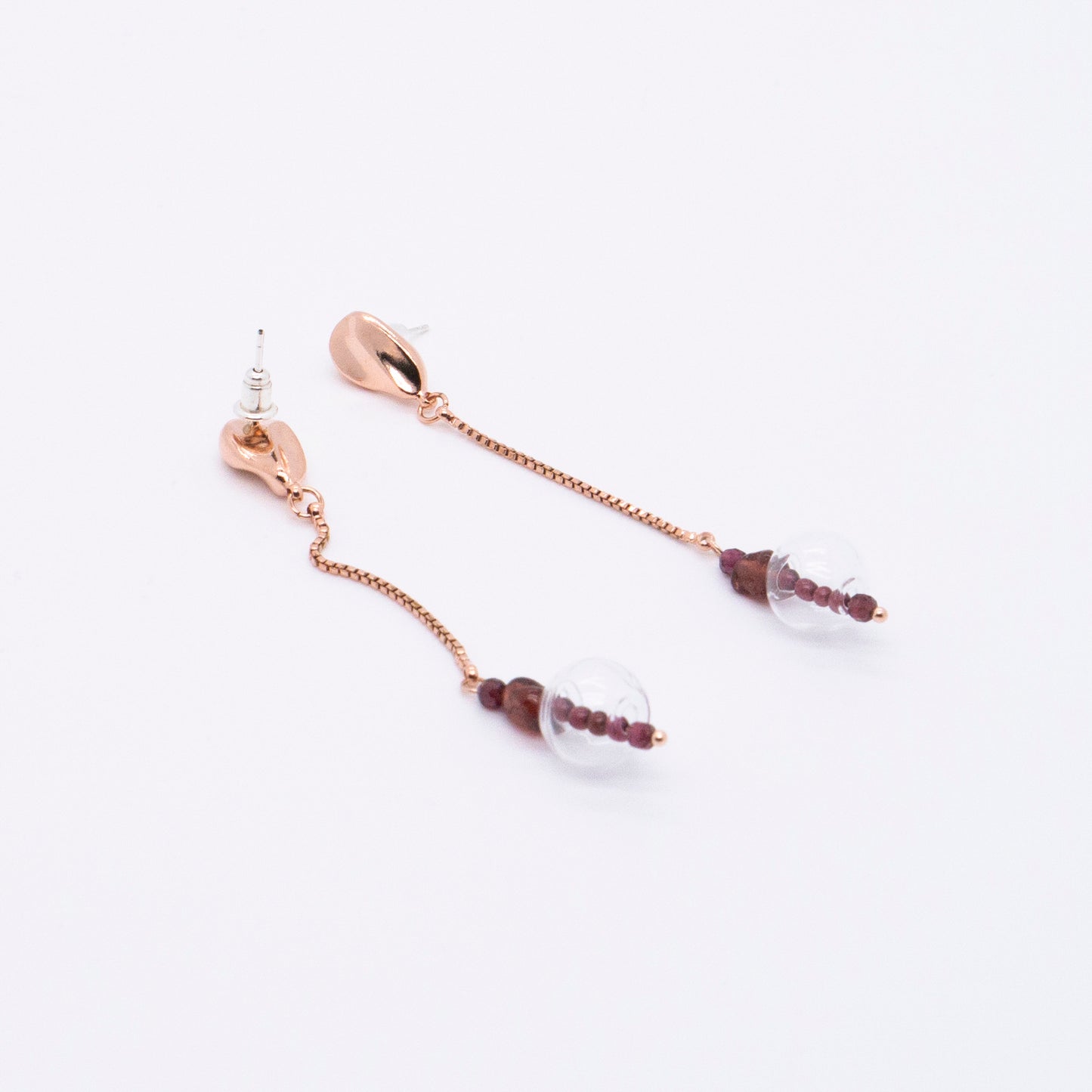 Space Ice - Magenta Mist - Glass Bubble Herkimer Diamond Chain Earrings (Rose Gold Plated)