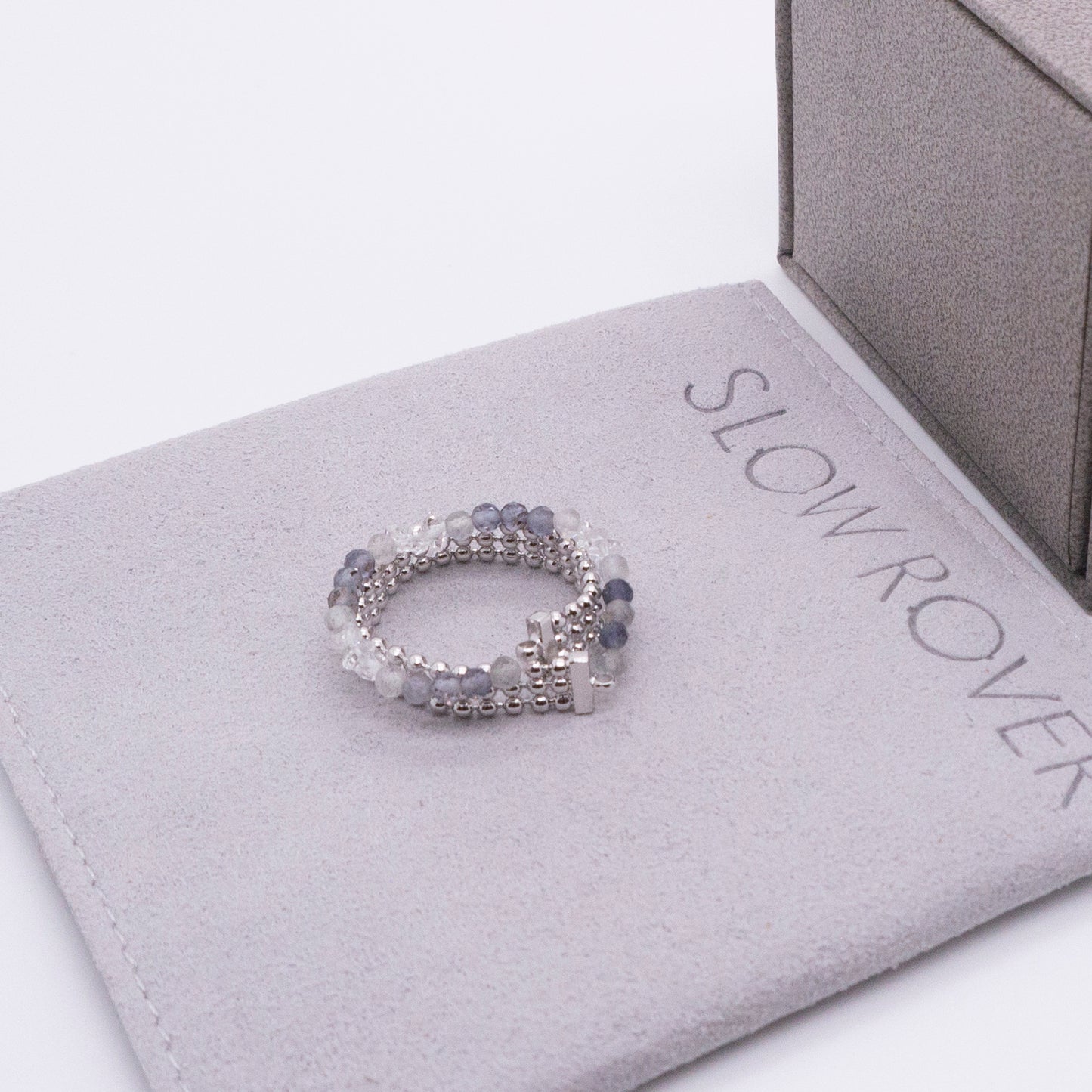 Space Ice - Magenta Mist - Herkimer Diamond & Iolite Beaded Double Hoop Chain Ring (White Gold Plated)