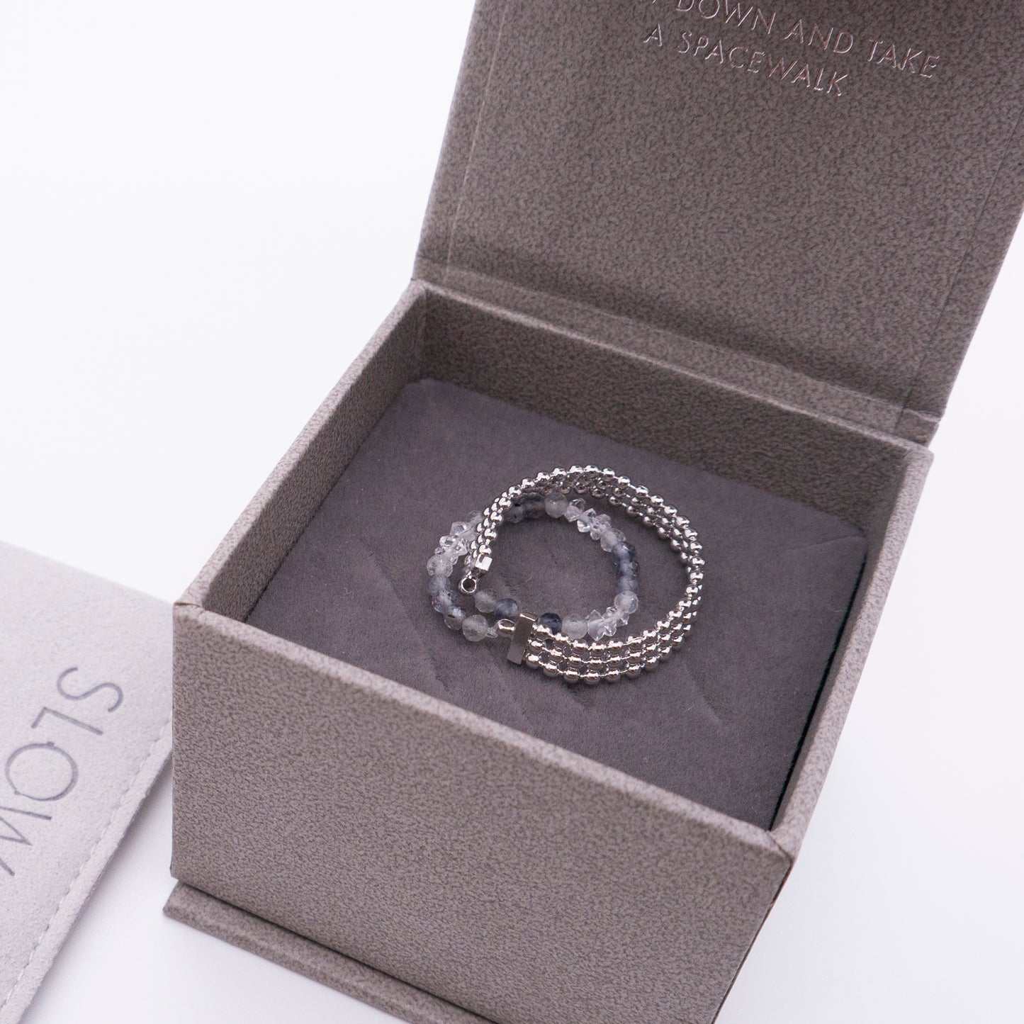 Space Ice - Magenta Mist - Herkimer Diamond & Iolite Beaded Double Hoop Chain Ring (White Gold Plated)