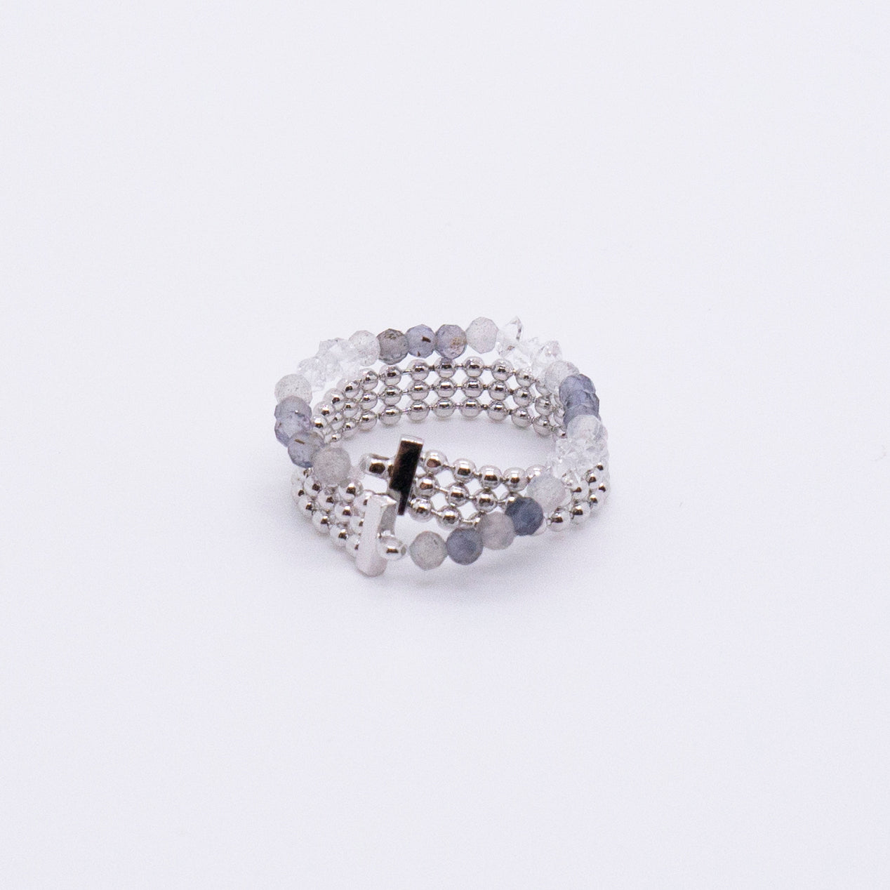 Space Ice - Magenta Mist - Herkimer Diamond & Iolite Beaded Double Hoop Chain Ring (White Gold Plated)