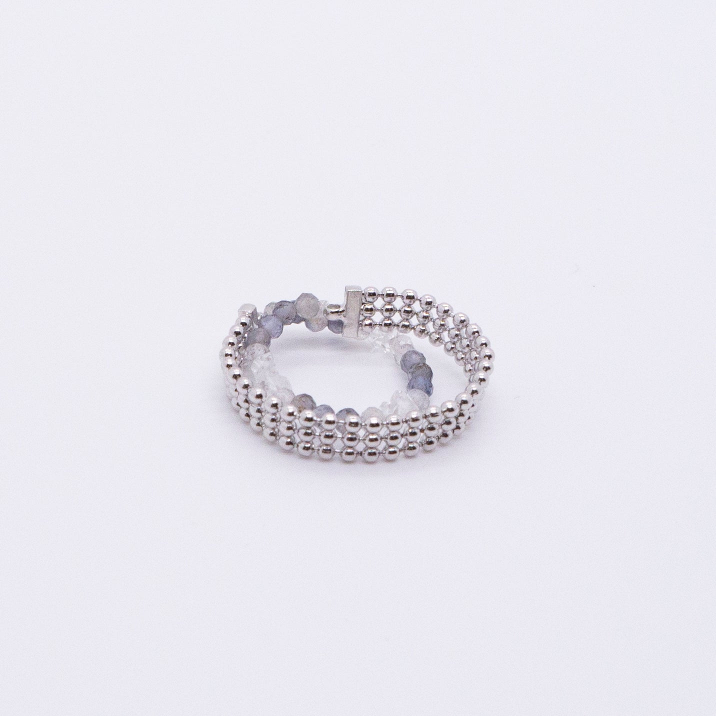 Space Ice - Magenta Mist - Herkimer Diamond & Iolite Beaded Double Hoop Chain Ring (White Gold Plated)