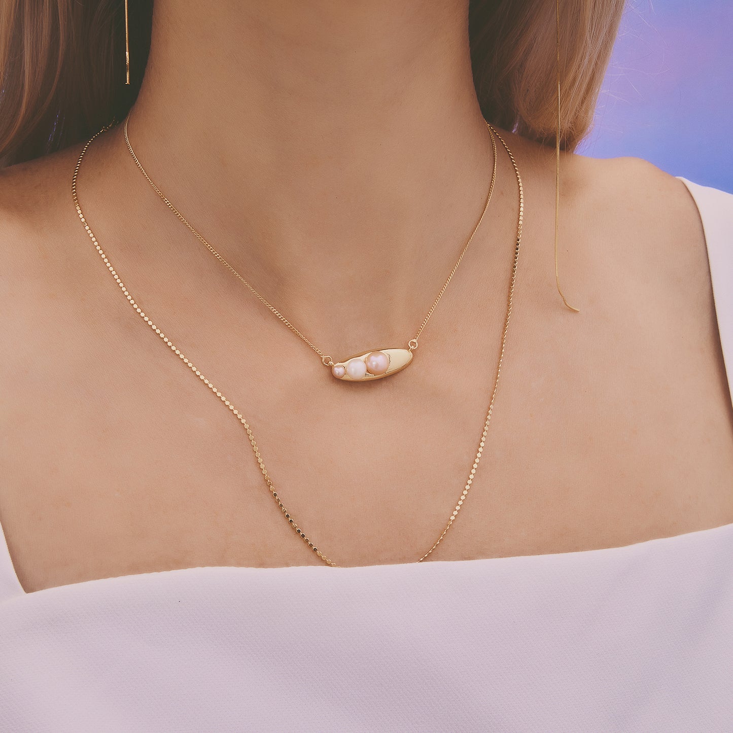 다중우주 시간 여행 그라데이션 진주 쇄골 체인 - 두꺼운 18K 골드 도금