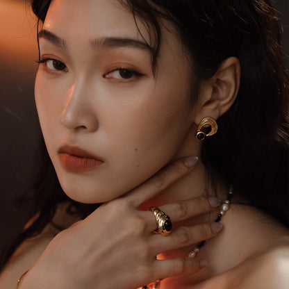 太陽閃焰 日珥黑瑪瑙耳環-厚鍍18K金