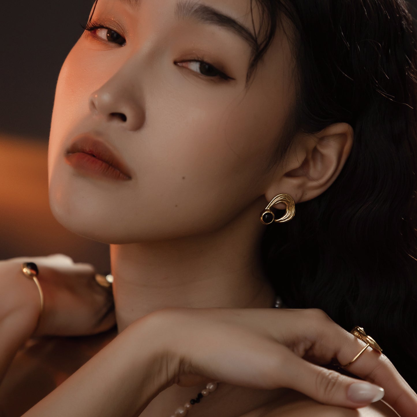 太陽閃焰 日珥黑瑪瑙耳環-厚鍍18K金