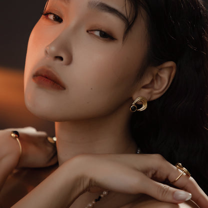 太陽閃焰 日珥黑瑪瑙耳環-厚鍍18K金