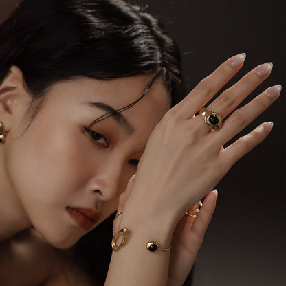 太陽閃焰 太陽黑子黑瑪瑙戒指/耳夾-厚鍍18K金