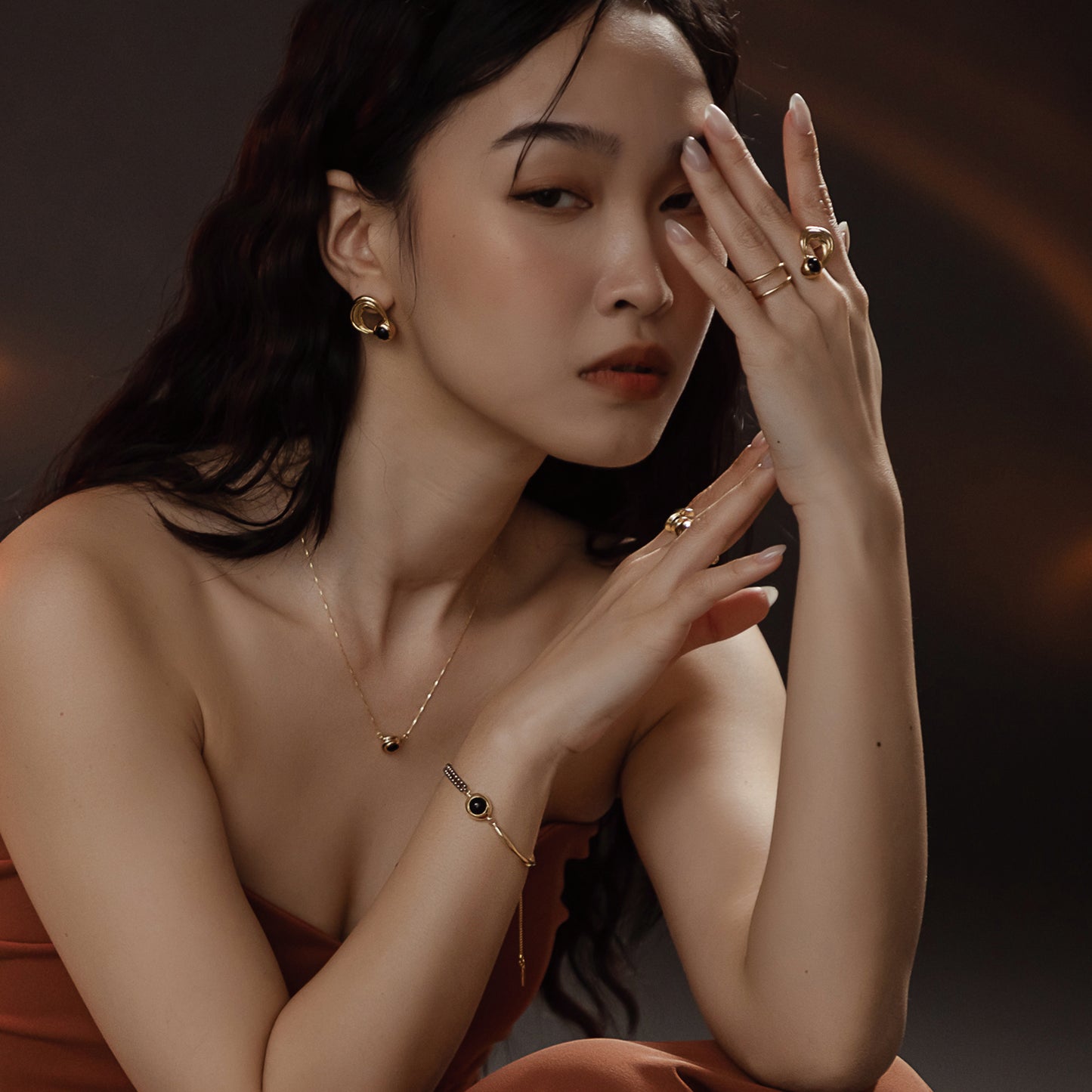 太陽閃焰 日珥黑瑪瑙耳環-厚鍍18K金