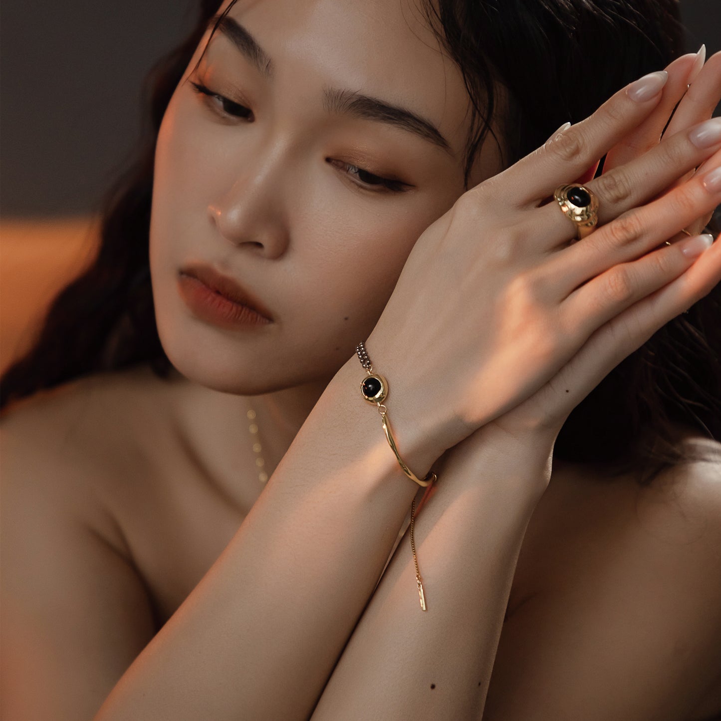 Solar Flares - Sunspots Black Agate Bracelet (Black & 18K Gold Plated)