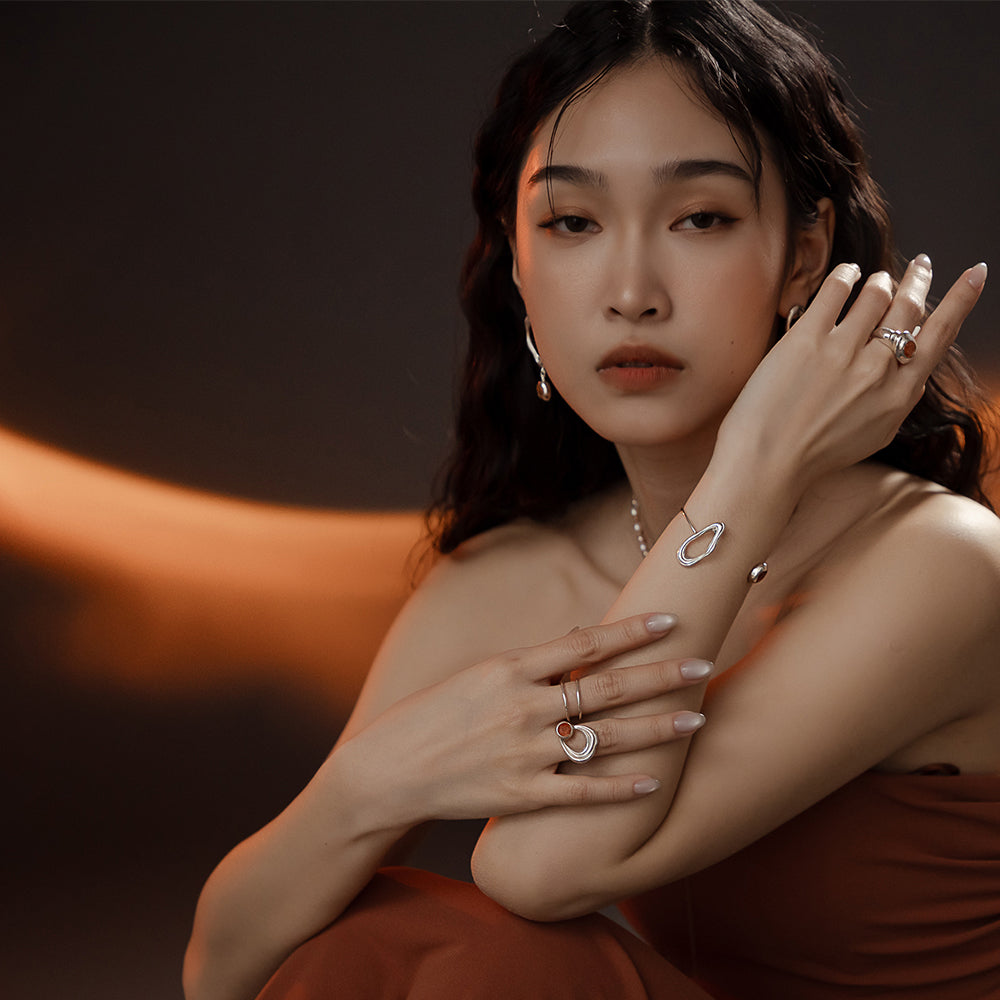 솔라 플레어 프로미넌스 선스톤 더블 링 - 스털링 실버