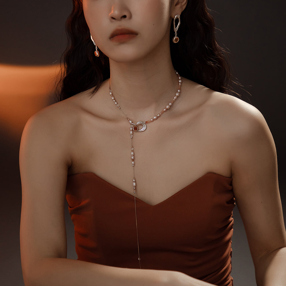 Solar Flares - Prominence Sunstone Pink Pearl Necklace (Silver)
