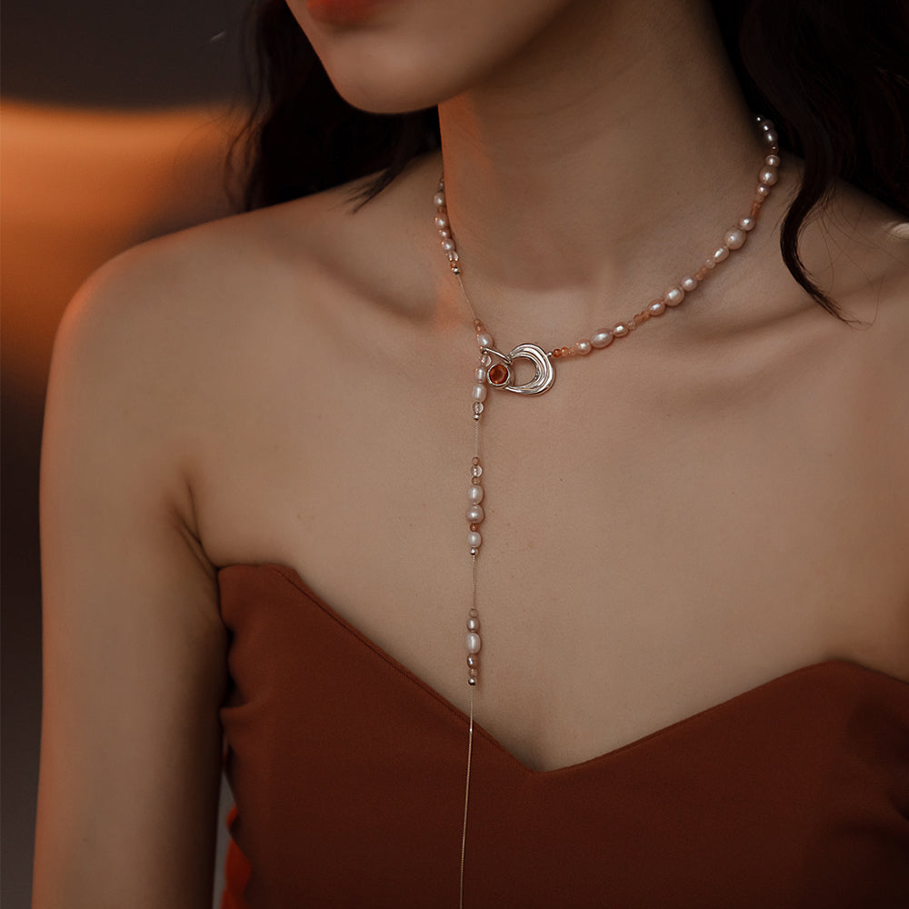 Solar Flares - Prominence Sunstone Pink Pearl Necklace (Silver)