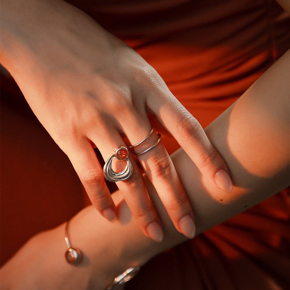 솔라 플레어 프로미넌스 선스톤 더블 링 - 스털링 실버