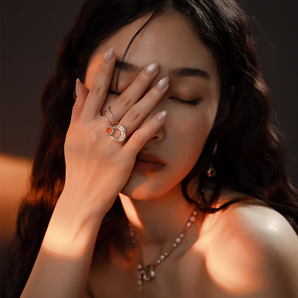 솔라 플레어 프로미넌스 선스톤 더블 링 - 스털링 실버