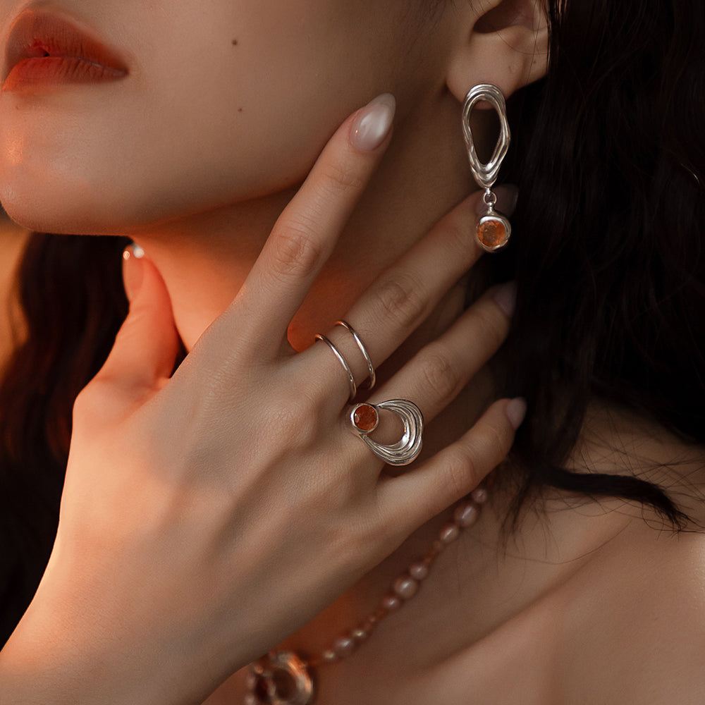 솔라 플레어 프로미넌스 선스톤 더블 링 - 스털링 실버