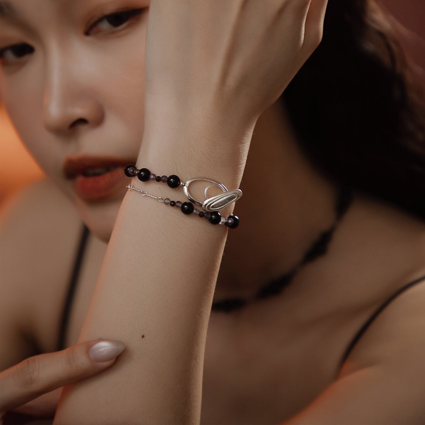 Solar Flares - Magnetic Storm Black Agate Iolite Bracelet (Silver)