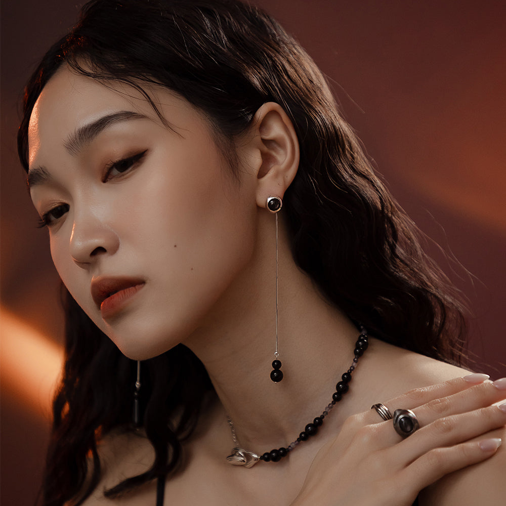 Solar Flares - Sunspots Hypersthene Earrings + Asymmetric Thread Earring Backs (Silver)