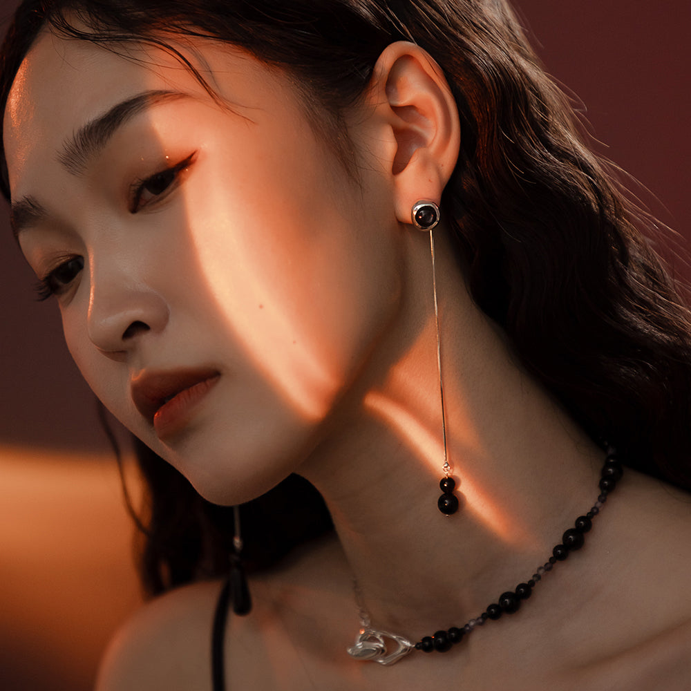 Solar Flares - Sunspots Hypersthene Earrings + Asymmetric Thread Earring Backs (Silver)