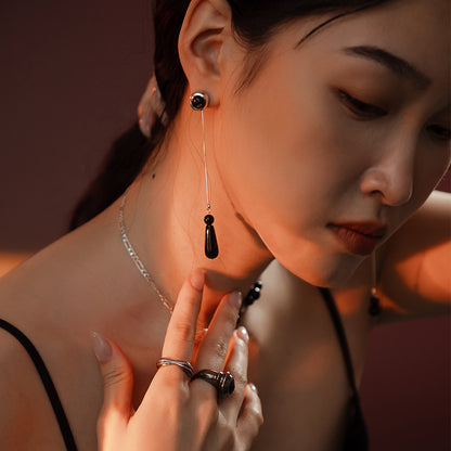 Solar Flares - Sunspots Hypersthene Earrings + Asymmetric Thread Earring Backs (Silver)