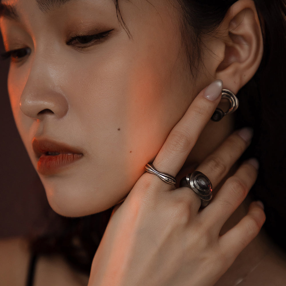 Solar Flares - Sunspots Hypersthene Ring / Ear Cuff (Oxidised Silver)