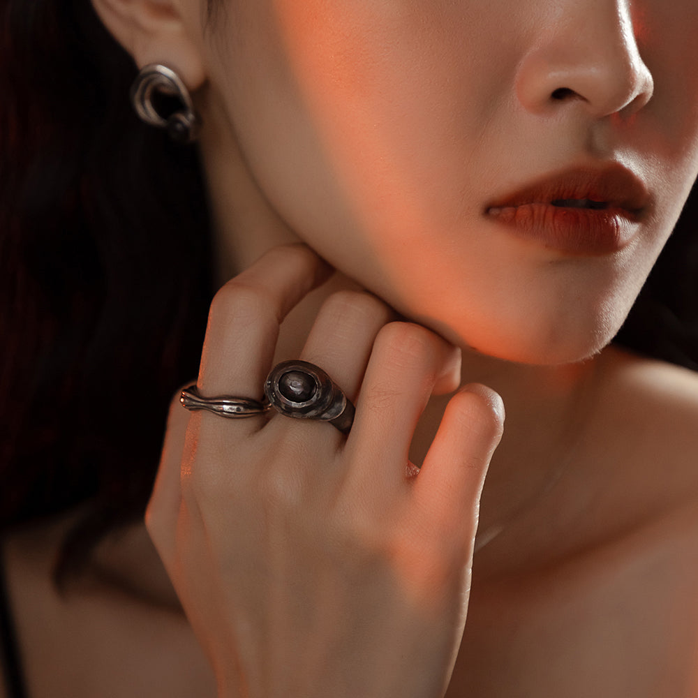 Solar Flares - Sunspots Hypersthene Ring / Ear Cuff (Oxidised Silver)