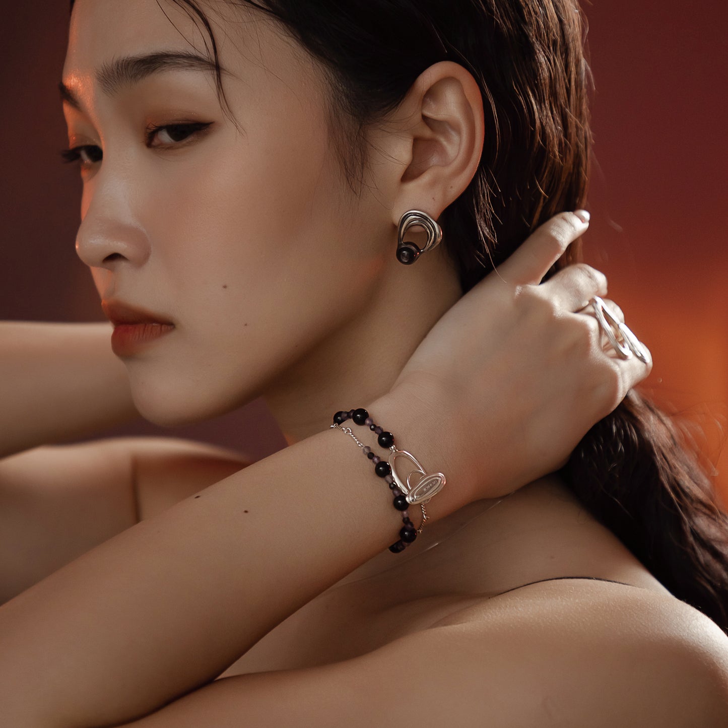 Solar Flares - Magnetic Storm Black Agate Iolite Bracelet (Silver)