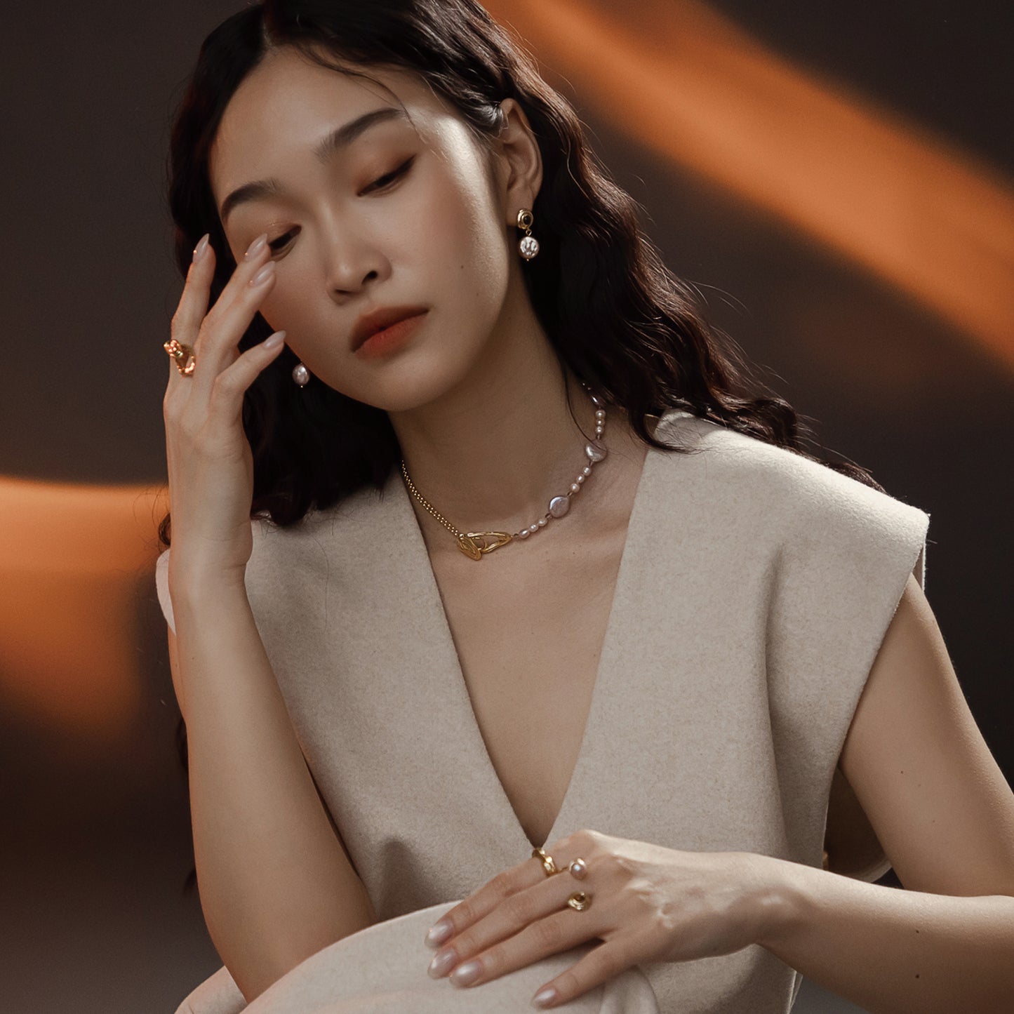 太陽閃焰 太陽黑子虎眼石垂墜粉紫珍珠耳環-厚鍍18K金 (S)